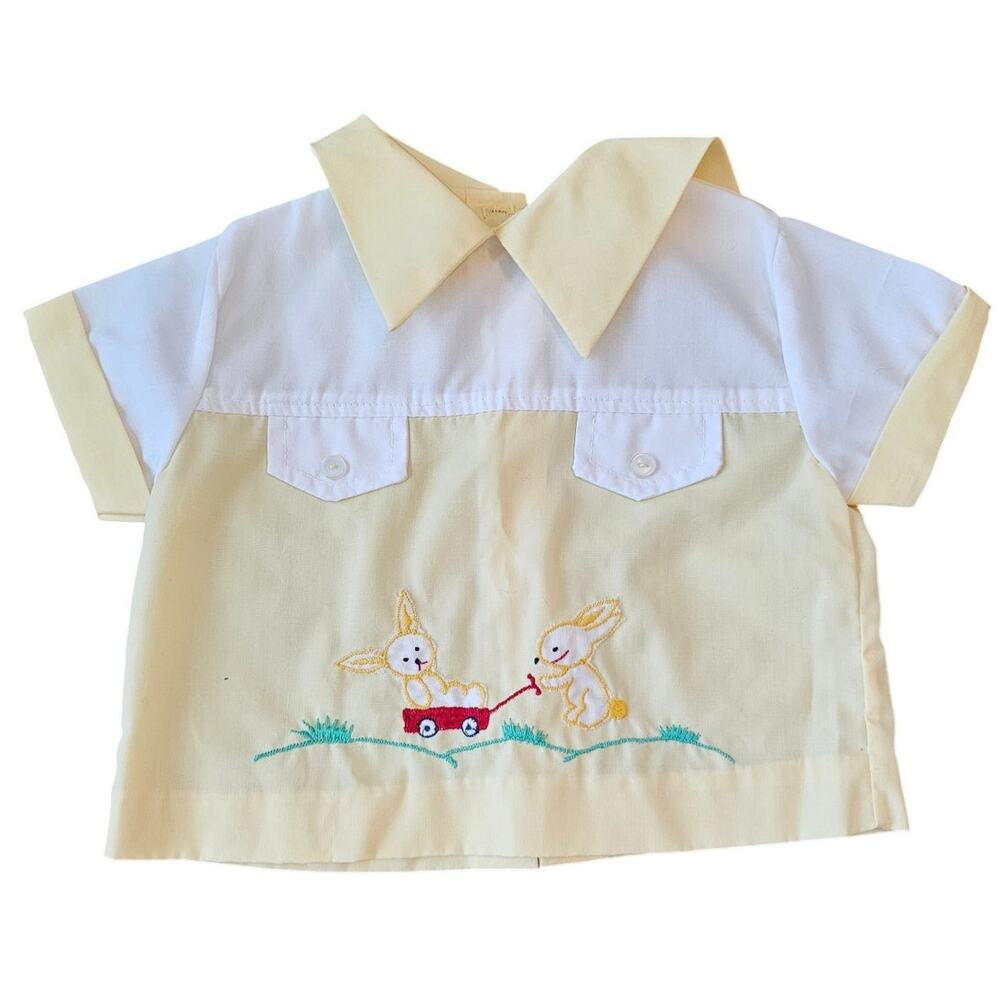 Vintage 1950s Baby Sz 12M Yellow Embroidered Top Bunny Rabbit Easter